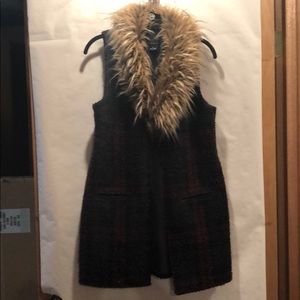 Anthropologie fur collar pink and blue vest